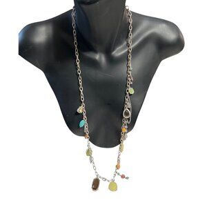 Lia Sophia Long Silver-Tone Necklace With Multicolor Gemstone Charms